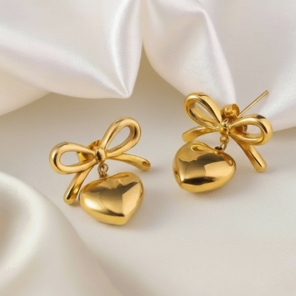 Golden Tone Earrings with Bow Heart Charm