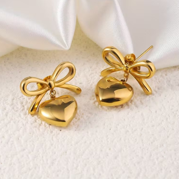 Golden Tone Earrings with Bow Heart Charm - Image 3