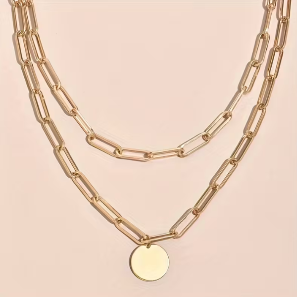 Double Layered Round Pendant Hollow Chain Necklace - Image 3