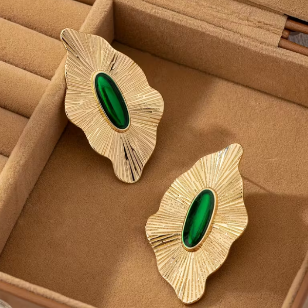 Vintage Boho Style EarringsZinc Alloy Studs Green Plastic Gem - Image 3