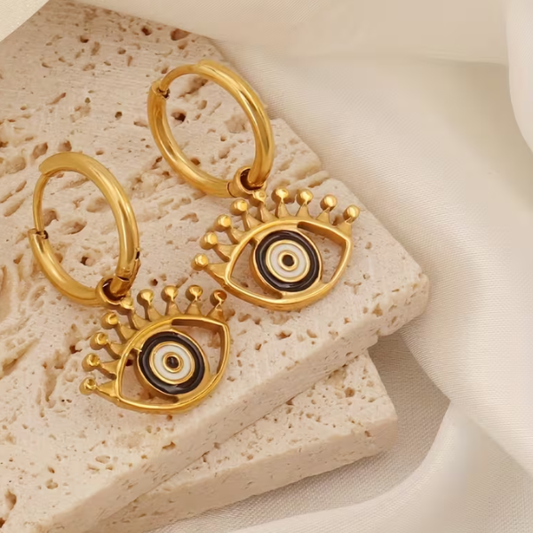 Pair Vintage Golden-Tone Eye Pendant Hoop Earrings with Turquoise - Image 3