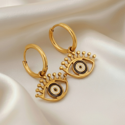 Pair Vintage Golden-Tone Eye Pendant Hoop Earrings with Turquoise