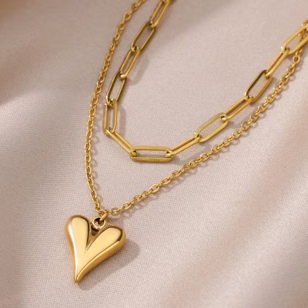 Stackable double layer heart hollow and plain chain necklace - Image 3