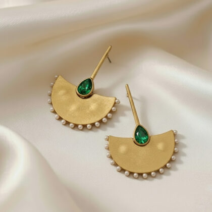Pair Vintage Boho Fan-Shaped Earrings - Golden-Plated with Green & Clear Gemstones, Dangle Drop Jewelry for Women