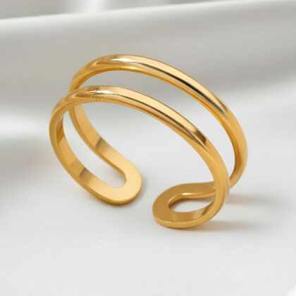 Stylish Golden-Tone Stainless Steel Women’s Cuff Ring - Minimalist Double-Layer Groove Design