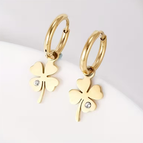 Titanium Lucky Earrings 4-Leaf Charm Flower Accent - Image 3